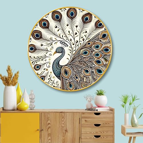 Image of SAF Elegant Mandala Peacock Round Wall Art | 3D Embossed MDF Panel with Golden Rim | Artistic Home & Office Wall Decor | Intricate Peacock Design for Living Room, Bedroom (16 x 16 Inch) GRM-306