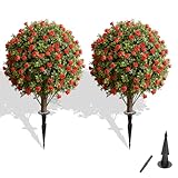 PRIMAISON Artificial Rose Boxwood Topiary Set of 2 with Ground Spike, 16” Fake Evergreen Shrub Bushes Plants, UV Resistant Artificial Outdoor Planters for Porch, Garden, Patio