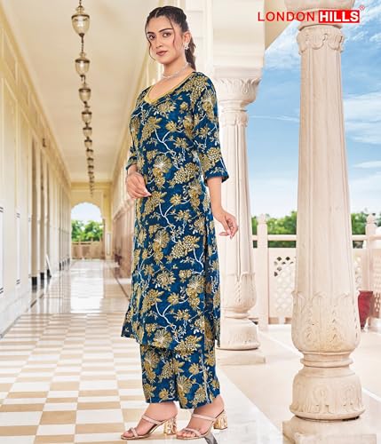 Image of London Hills Women Printed Kurta with Pant Salwar Suit Set || Plazo Kurti Cotton Set