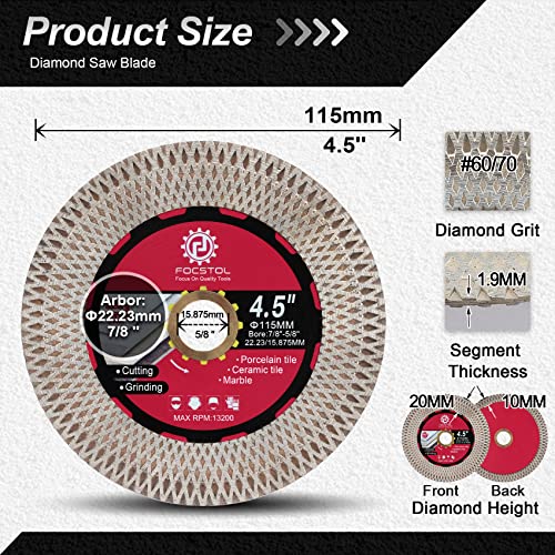 Focstol Diamond Tile Saw Blade - 4.5''(115Mm) Cutting & Grinding Disc Wheel For Porcelain Ceramic Tile Marble Granite Artificial Stone With X Mesh Rim For Angle Grinder #TOP1