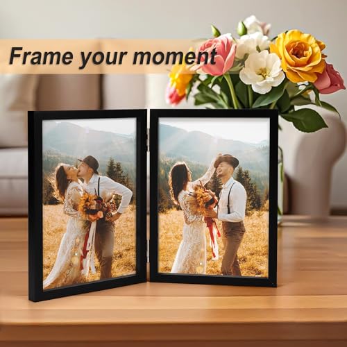 AEVETE 5x7 Picture Frames Double Hinged Wood Folding Photo Frames Vertical with Plexiglass Front, Black - Image 4