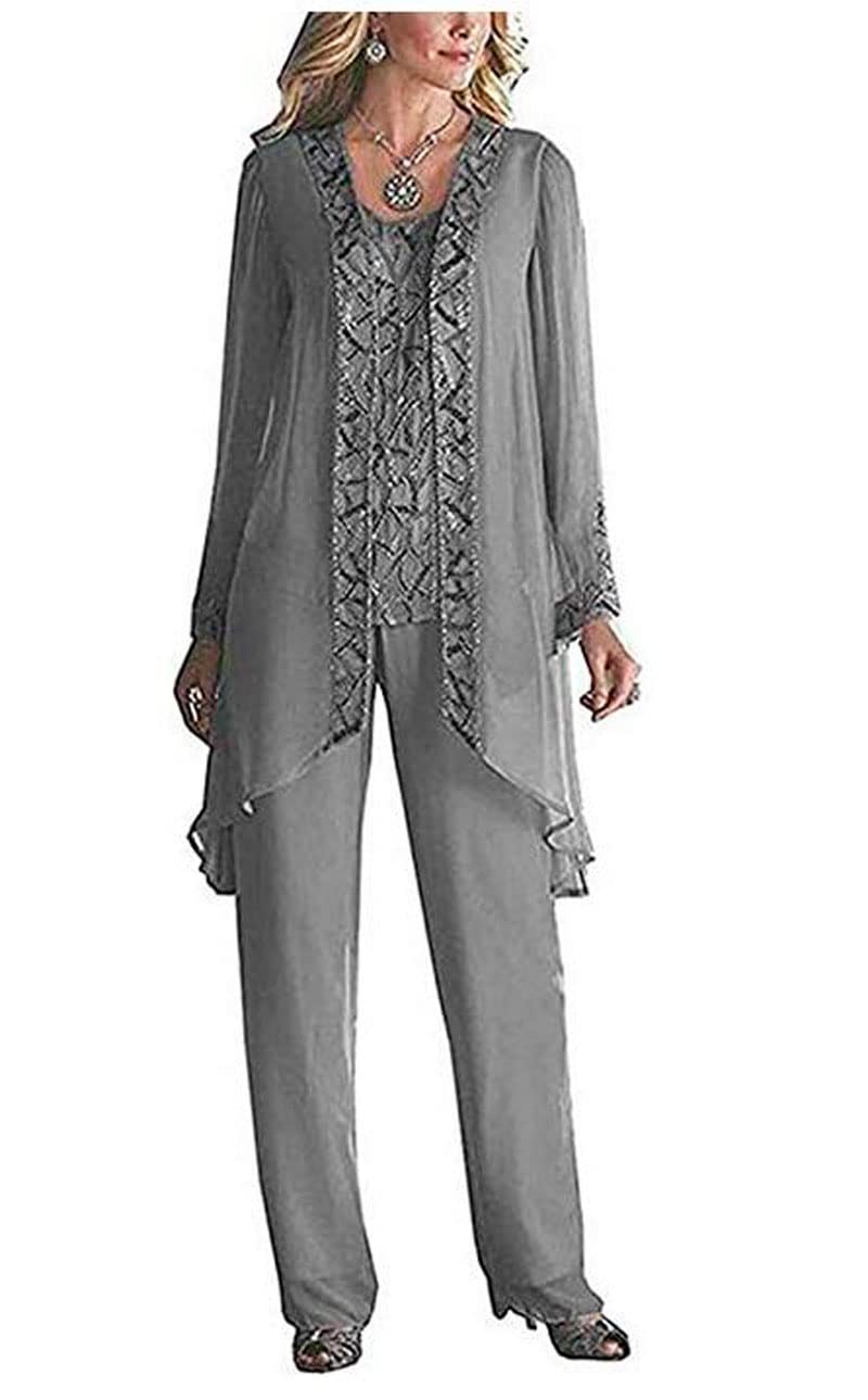 Botong Women's Grey 3 Pieces Chiffon Dress Mother Of The Bride Pants Suits With Beaded Jacket Wedding Outfit Evening Gown Uk14
