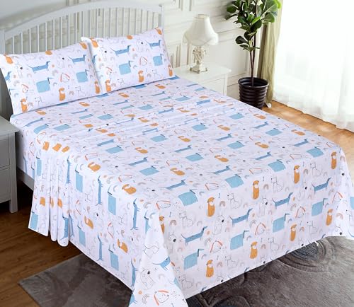 RUVANTI 100% Cotton Full Size Bed Sheets, 4 Pieces, Soft & Breathable Percale Weave Bedding, Deep Pocket 16", Hotel Standard, Crisp Cool Feel, Durable, Perfect Sheet Set Floral, Puppy Me