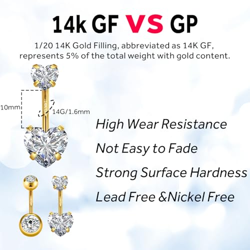 2pcs 14k Gold Filled Belly Button Rings, 14G 8mm/10mm/12mm Threaded Barbell Belly Button Piercing, Navel Ring Piercing Jewelry2