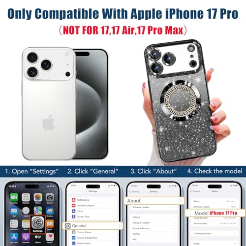 Image of Misscase for iPhone 17 Pro Magnetic Glitter Case Compatible with MagSafe,Full Protection Slim Shockproof Anti-Scratch Case with Camera Lens Protector Plating Bling Dust-Proof Net Black
