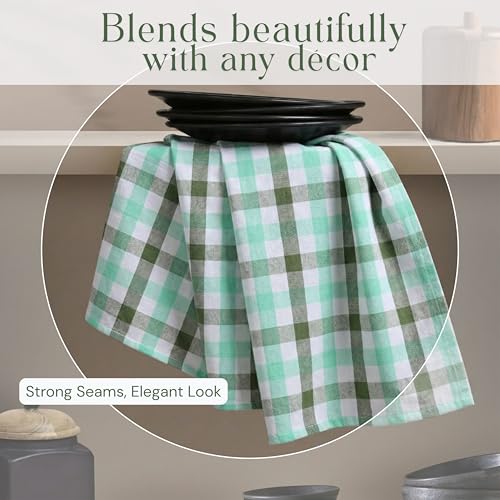 Image of Checked Kitchen Towels 4 Pack, 18 inchx26 inch, 100% Cotton, Absorbent Dish Towels for Kitchen Drying, Reusable Dishcloths for Cleaning, Quick Dry Wash Rags - Mint Green, Aqua Green, White