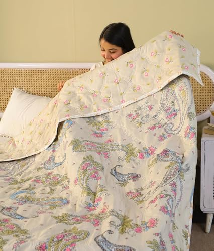 Image of MITUL Dohar Double Bed 100% Cotton Blankets for Summer | 90x100inch, 150GSM Ac Comforter and Cooling Blankets for Summer | Classic Printed Design | Quilt (Design Cream Color, Double Bed)