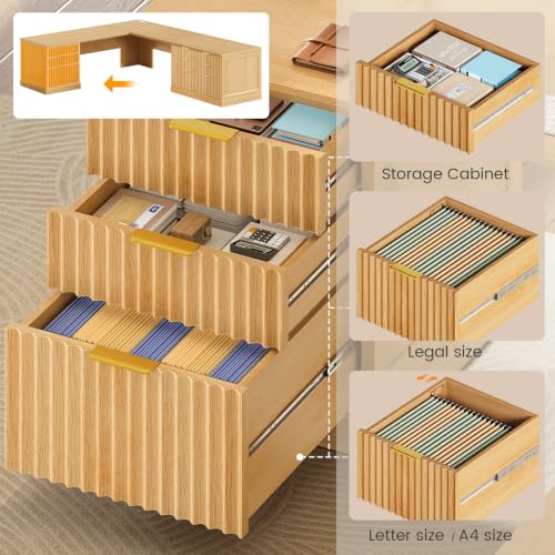 Image of SEDETA Fluted 78.8 inch L Shaped Desk with 6 Drawers, Fluted Oak | Home Office Desk with Power Outlet, File Cabinet Storage, Wood Corner Computer Desk for Work and Study