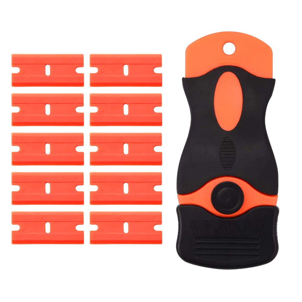 Sinogoods Glass Scraper, Plastic Scraper Razor Blades Scrapers Ceramic Hob Oven Scraper, Sticker Remover + 10 Pack Plastic Replacement Blades for Removing Label Glue Residue Sticker