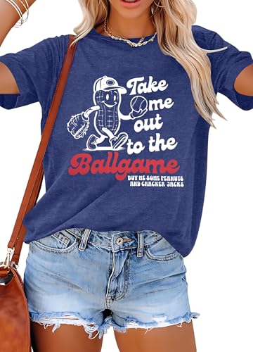 ALLTB Baseball Shirts Women Funny Baseball Mom Shirt Ballgame Graphic Tshirt Game Day Fan Tee Casual Short Sleeve Top Blue