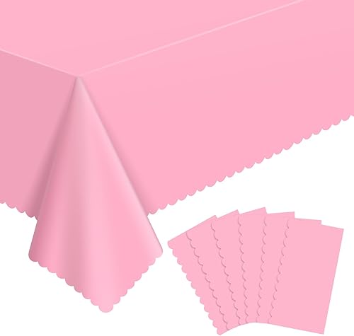 Miniatura 14 de Paquete de 6 manteles de plástico rosa claro, manteles de fiesta de 54 x 108 pulgadas, manteles festoneados rosas para mesas rectangulares, fundas