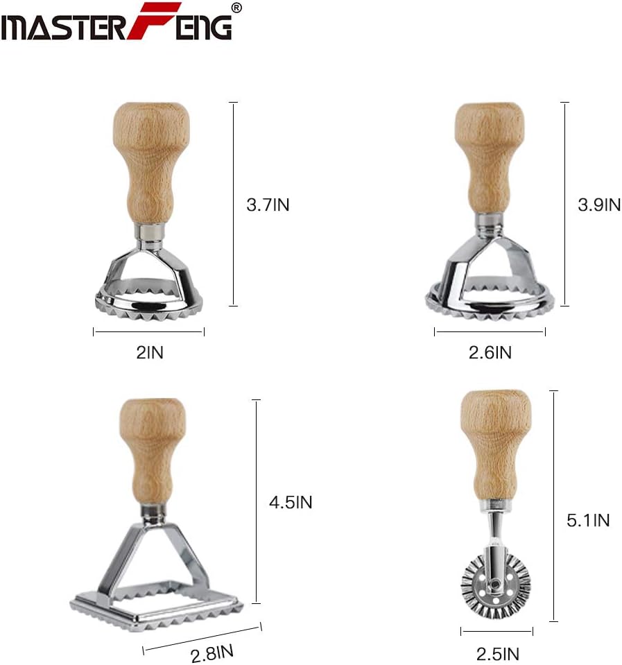 MASTER FENG Ravioli Stamp Maker Cutter with Roller Wheel Set, Mold with Wooden Handle and Fluted Edge, Pasta Press Kitchen Attachment (MF-1246) - Image 2