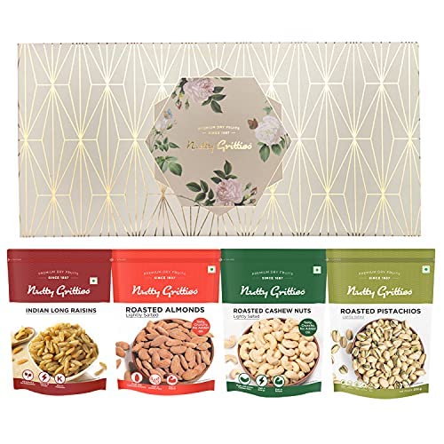 Nutty Gritties Platinum Diwali Dry Fruits Gift Box 800g | Luxurious Festive Hamper with Salted Almonds | Salted Cashews | Roasted Pistachios | Indian Long Raisins (200g Each) | Healthy Gourmet Snacks for Gifting