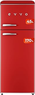 EVVO Frigorífico 2 puertas, Estilo Retro, Refrigerador 170 litros, Congelador 45 Litros, Diseño Vintage, Cajón Crisper Zone, Libre de Gas CFC, Silencioso. F45 Color Rojo
