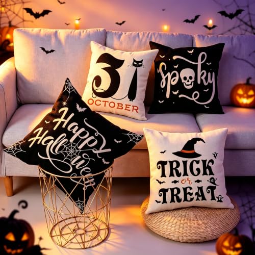 Gujiahone Halloween Pillow Covers 18 x 18 Set of 4 -Linen Print Thanksgiving Sofa Pillow Cover -Happy Halloween Cushion Case for Holiday Party Living Room Bedroom Home Fall Decorative - image 3