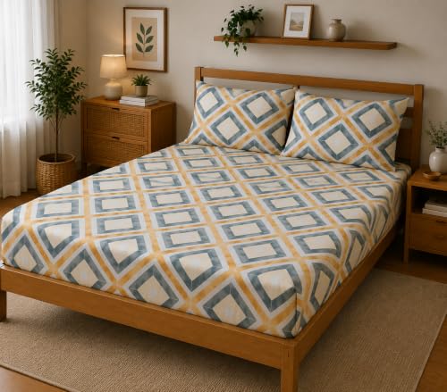 Image of Fitted Bedsheet Multicolor Diamond Print Glace Cotton 210 TC | King Size for Double Bed Fits 6 x 6.5 ft Mattress (72 x 78 Inch) | All Around Elastic | 2 Pillow Covers | 10 Inch Deep Pocket