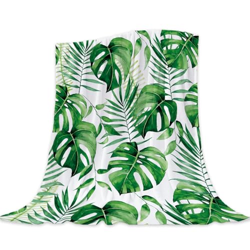 Neatee Living Tropical Leaf Throw Blanket King Size Green White Plant Blanket for Bed Couch Soft Cozy Fuzzy Plush Fleece Blanket Large Oversized Decorative Spring Summer Gift Blanket 90x108