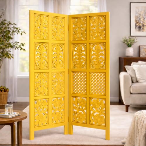 Image of Wooden Room Divider | MDF Privacy Screen Partition | Freestanding Folding Floor Panel | Decorative Carved Handicraft Separator for Living Room, Bedroom & Office (Yellow, 5 feet 2 Panels)