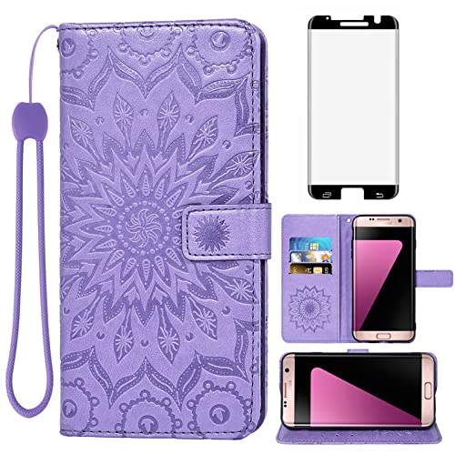 Phone Case for Samsung Galaxy S7 Edge Wallet Cases with Tempered Glass Screen Protector Leather Flip Cover Card Holder Stand Cell Glaxay S7edge Gaxaly S 7 Plus Galaxies GS7 7s 7edge Women Purple