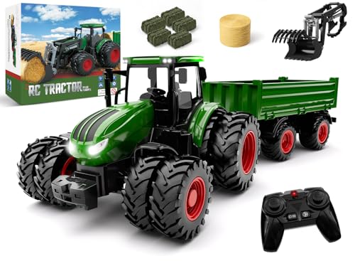 Uarzt Remote Control Tractor Toy, Kids RC Tractor Set & Truck and Trailer Front Loader - Metal Car Head/8 Wheel/Light, Toddlers Farm Vehicle Toys for 3 4 5 6 7 8 9 Year Old Boys Girls Birthday Gift