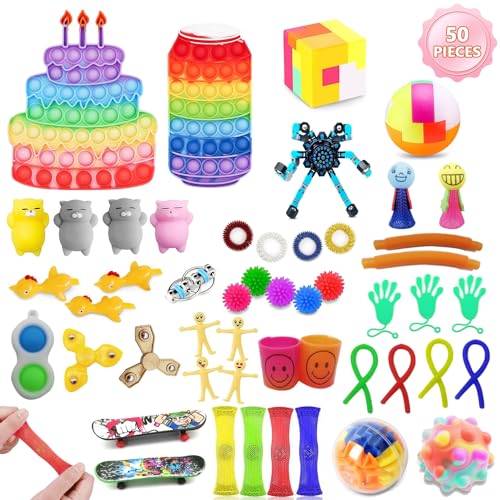 50 Pcs Fidget Toys,Fidget Packs Sets for Girls,Boy,Sensory Toys for Autism to Relieve Stress,Funny Fidget Pack for Kids Birthday Party Cake Deco, Fidget Toy Set for Teacher as Classroom Reward