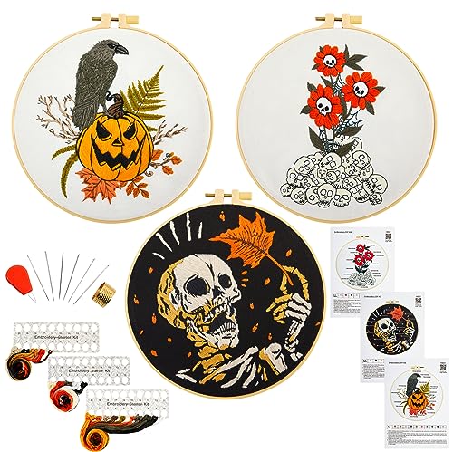 Gothic Halloween Embroidery Starter Kit for Beginners Adults, Stamped Cross Stitch Kit Needlepoint Kit for Beginner Adult, 3 Embroidery Hoop 3 Set Embroidery Supplies (Attached Teaching Video QR Code)