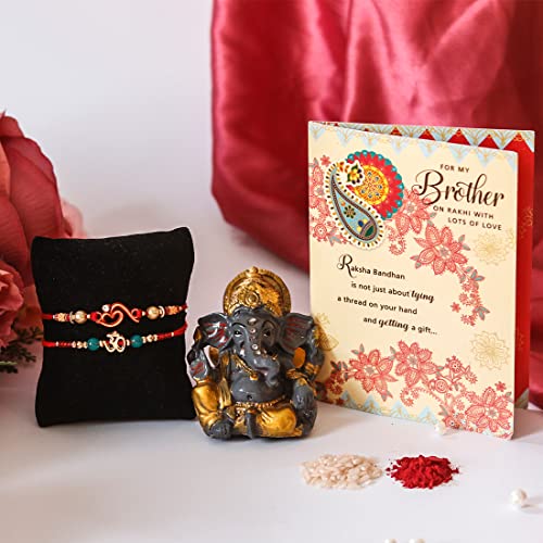 Archies Rakhi For Brother Special Rakshabandhan Combo Set Of 2 Auspicious Om Bhaiya/Bro/Bhai Rakhis With Ganpati Idol Showpiece With Roli-Chawal 10 Gm Pack,Greeting Card(Gift Pack Of 5)_11 For Rs. 131 @ 67 %