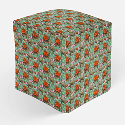 Image of ArtzFolio Indian Elephants Puffy Pouffe Ottoman Footstool Footrest | Canvas Fabric Cube-Shaped; 16 x 16 x 16 inch; Prefilled Foam