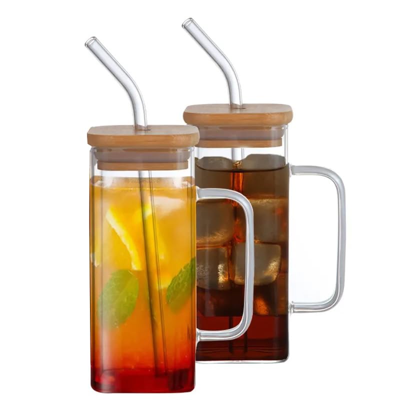 1CHASE Borosilicate Square Drinking Glasses With Bamboo Lid,Glass Straw and Handle, Mason Jar, Can Shaped Glass Cup 400 ML (2PCS)