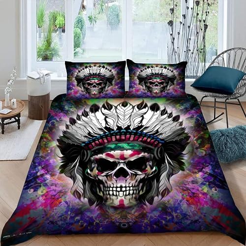 Duvet Cover Set California King Skull 3D Printed Decorative Bedding Indian Horror Quilt Cover Bedding Sets for Kids Adult Teens Comforter with 2 Pillowcases