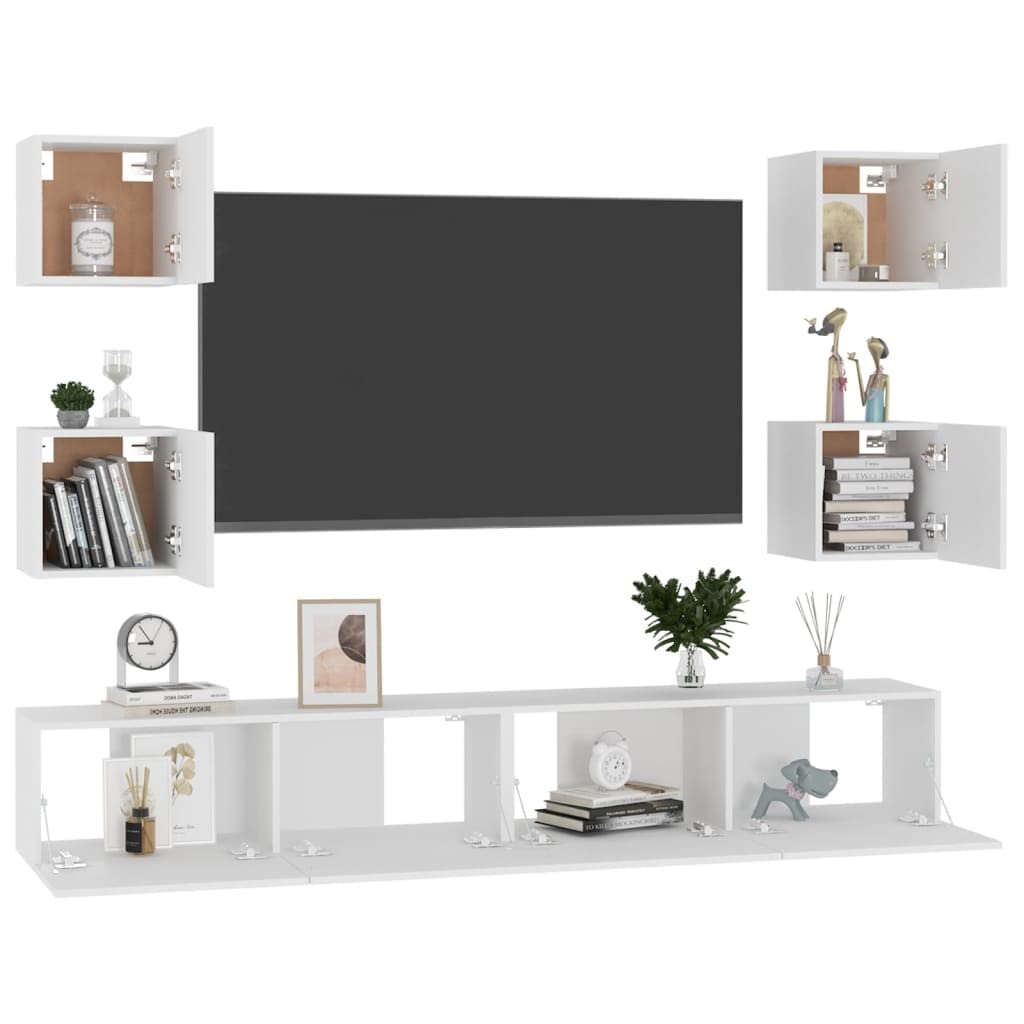 6-TLG. TV-Schrank-Set, Weiß Holzwerkstoff, Hängend, Modernes Media Center für Wohnzimmer Schlafzimmer, 100x30x30 cm
