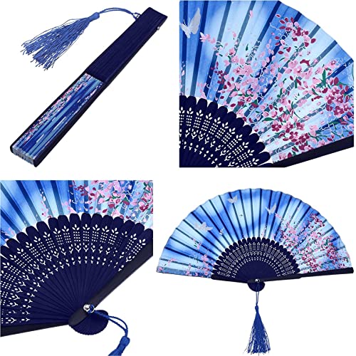 Silk Folding Fan, Bamboo Wood Hand Fan Japanese Vintage Retro Style Handmade Handheld Fan With A Fabric Sleeve And Tassels For Home Decoration Party Father's Day Wedding Dancing Easter Summer Gift #TOP2