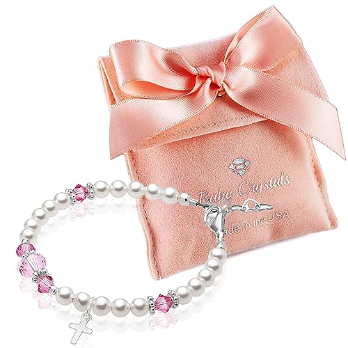 Image of Baby Crystals Personalized Baptism Pearl Bracelet for Girls, White Simulated European Pearls, Sterling Silver Cross Charm Initial Bracelet, Handmade Baptism Gifts for Girl, Girls Jewelry