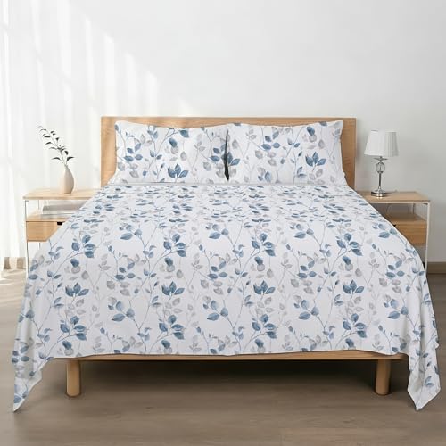 H HANSEL HOME Juego de Sábanas de Microfibra Cepillada, Sábana Bajera Ajustable Altura 30 cm, Encimera y Fundas de Almohada, para Cama 150cm, 4 Piezas 150x190/200cm - Hojas Azul Pastel