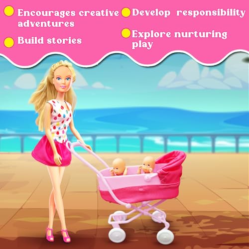 Image of Steffi Love Sunshine Twins| Pretend Play Set with Baby Stroll and Adorable Twin Babies| Safe 16+Baby Accessories| Adorable Role Play Set for Girls Age 3+ (White & Pink)