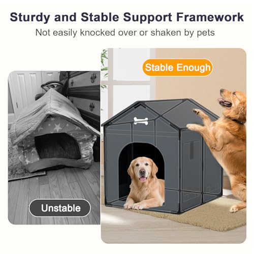 Extra Large Dog House Indoor with Plush Cushion, Dog Kennel for Inside with Sturdy Frame, Waterproof Pet House Suitable for Medium Large Dogs, 34x27x34in, Gray
