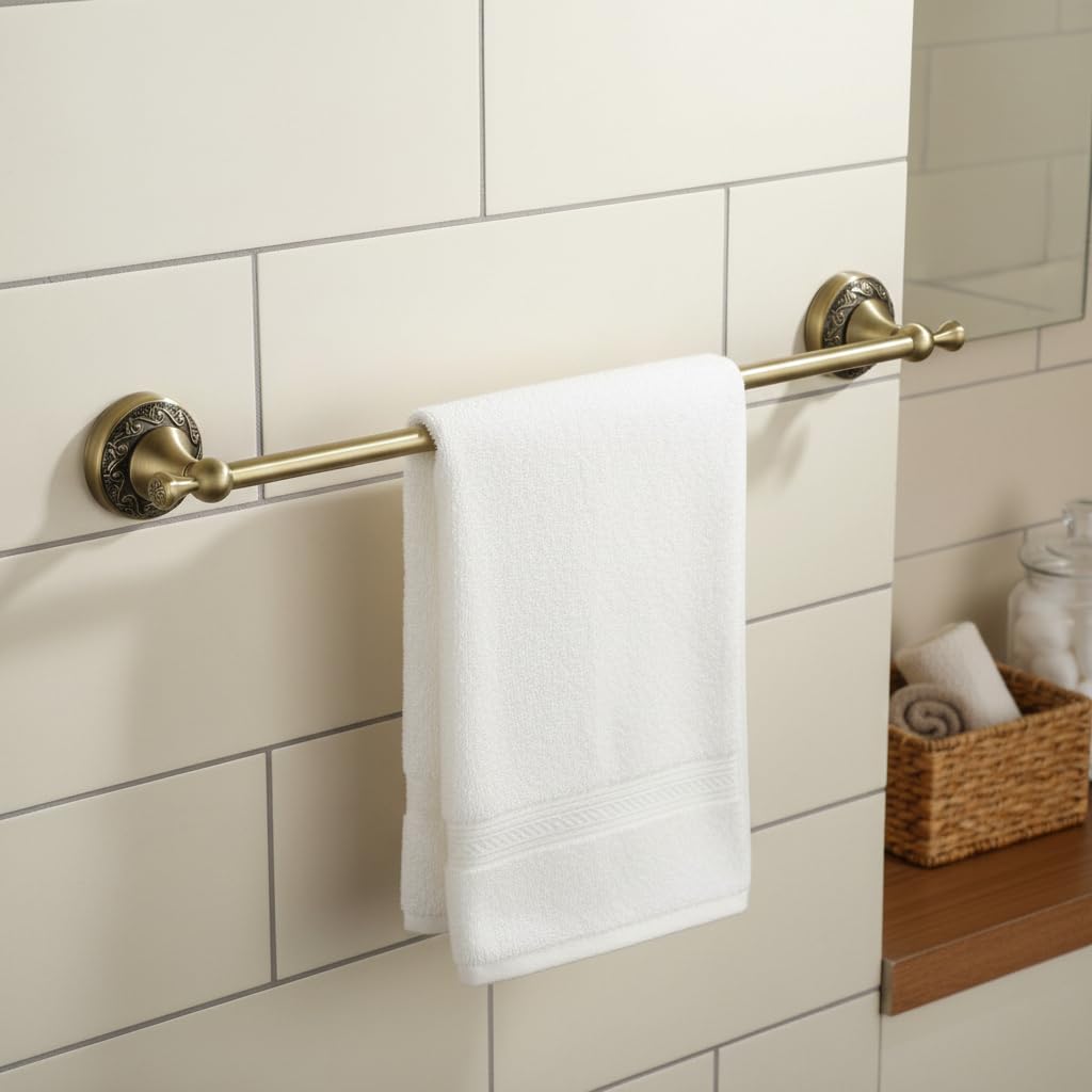 Flybath Toallero de barra de 24 pulgadas de latón antiguo con patrón exquisito para tallar, organizador de toallas individual para baño, accesorios de cocina, montaje en pared, bronce cepillado