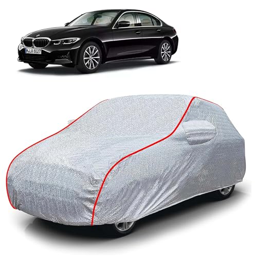 Image of Sulfar 100% Waterproof Car Body Cover Compatible with Mirror for BMW 320D (Triple Stitched, Full Bottom Elastic, Magic Silver with Red Piping)