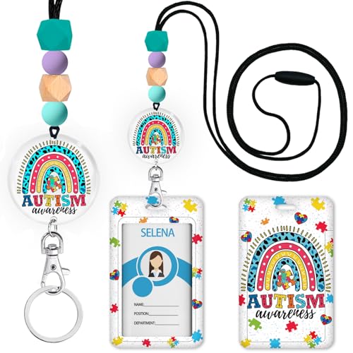 Autism Awareness Lanyards for Id Badges and Keys, ID Badge Holder with Lanyard, Silicone Beaded Breakaway Keychain Lanyard for Women Teacher Nurse, ID Card Holder Name Badge Holder