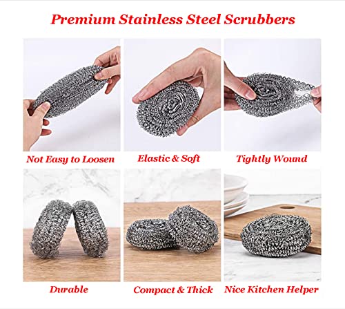 Image of 6 Pack Large Stainless Steel Sponges Scourers Steel Wool Scrubbers Pad Cleaning Ball Used for Dishes, Pots, Pans, Grill, Ovens and Basin, Clean Kitchen, Bathroom, Restaurant (40g Weight)