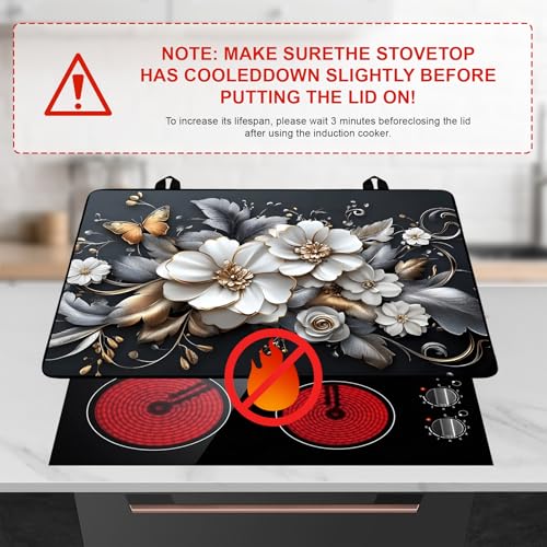 Image of White flower Stove Top Cover Retro Flower Gas Stove Top Cover for Home Decoration Kitchen Pad Non-Stick Washable Cooktop Covers Countertop Protector Keep Stove Clean 28 inchx20 inch