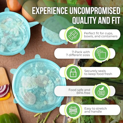 Image of Reusable Silicone Stretch Lids for Food Storage in Fridge - Elastic Heat-Resistant Bowl Covers, Cups, Cans, Jars - Universal Food Grade Lid for Containers - 7 Pack - Light Green Stretchy Lid Set