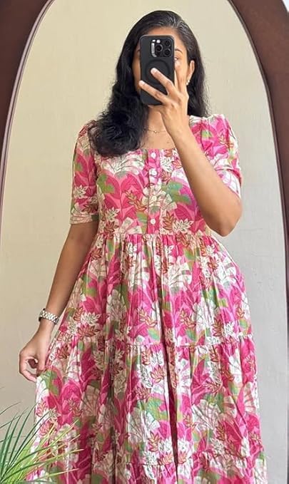 Image of Women's Pure Cotton Maxi Midi Dress Western Dress for Women Elegant Floral Printed Long Dresses | Soft & Breathable Fabric | Casual Trending Dress