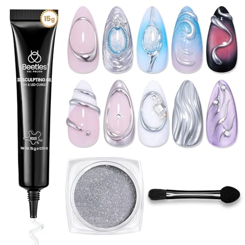 Image of Beetles Chrome Nail Art Gel 3D Sculpting Gel, Clear No Wipe Rhinestone Glue for Chrome Powder, Mirror Effect Nail Designs, Builder Drawing Molding Gel for Gems DIY, 15g