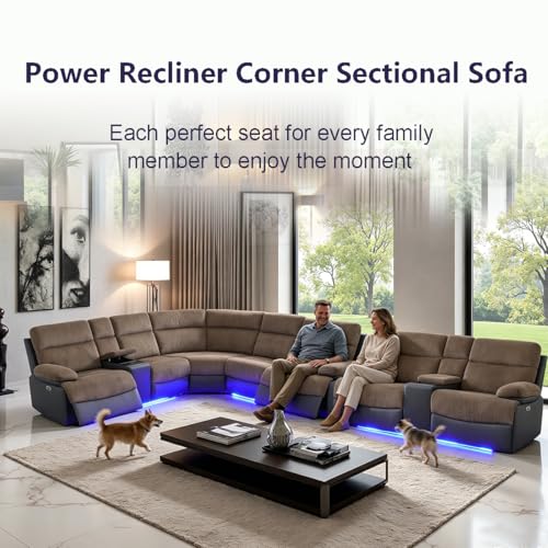 Image of Power Recliner Sectional Sofa Set, Living Room Furniture Sets, L-Shaped Recliner Sofa & Loveseat, Breathing Leather & Corduroy Sectional Reclining Couch with Cup Holders for Living Room