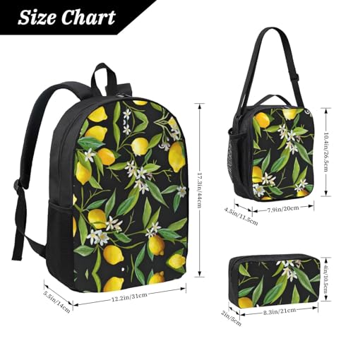 Mochila escolar negra con estampado de limón tres piezas con estuche 4