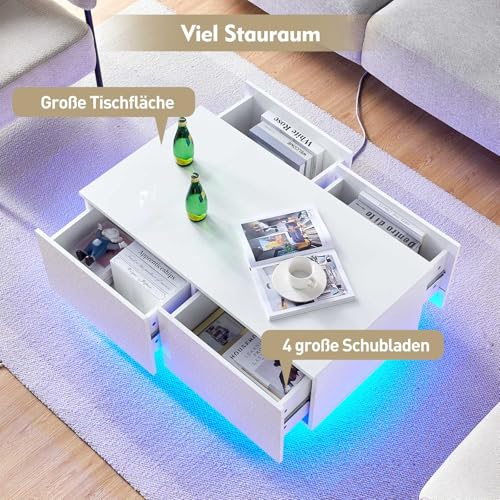 CLIPOP Hochglanz Couchtisch weiß mit LED, Wohnzimmertisch mit 4 Schubladen, einstellbaren Lichtfarben, Mitteltisch mit Stauräume, Moderner Sofatisch, Teetisch für Wohnzimmer, 100x55x40cm – Bild 4