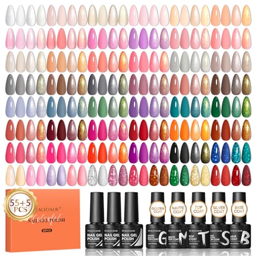 PEACECOLOR 60pcs Smalto Semipermanente Unghie, 55 Colori Smalti Semipermanenti per Unghie Rosso Nude Rosa con 5pcs Base e Top Coat Soak Off UV/LED Smalto Gel Unghie DIY Nail Art Manicure Regalo