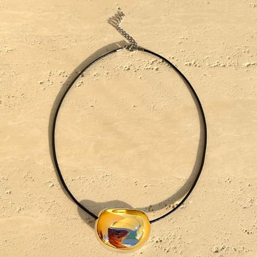 Necklace Stylish Metal Oval Shaped Neckchain Geometric Pendant Necklace Adjustable PU Leather Cord Clavicle Chain Elegant Jewelry4