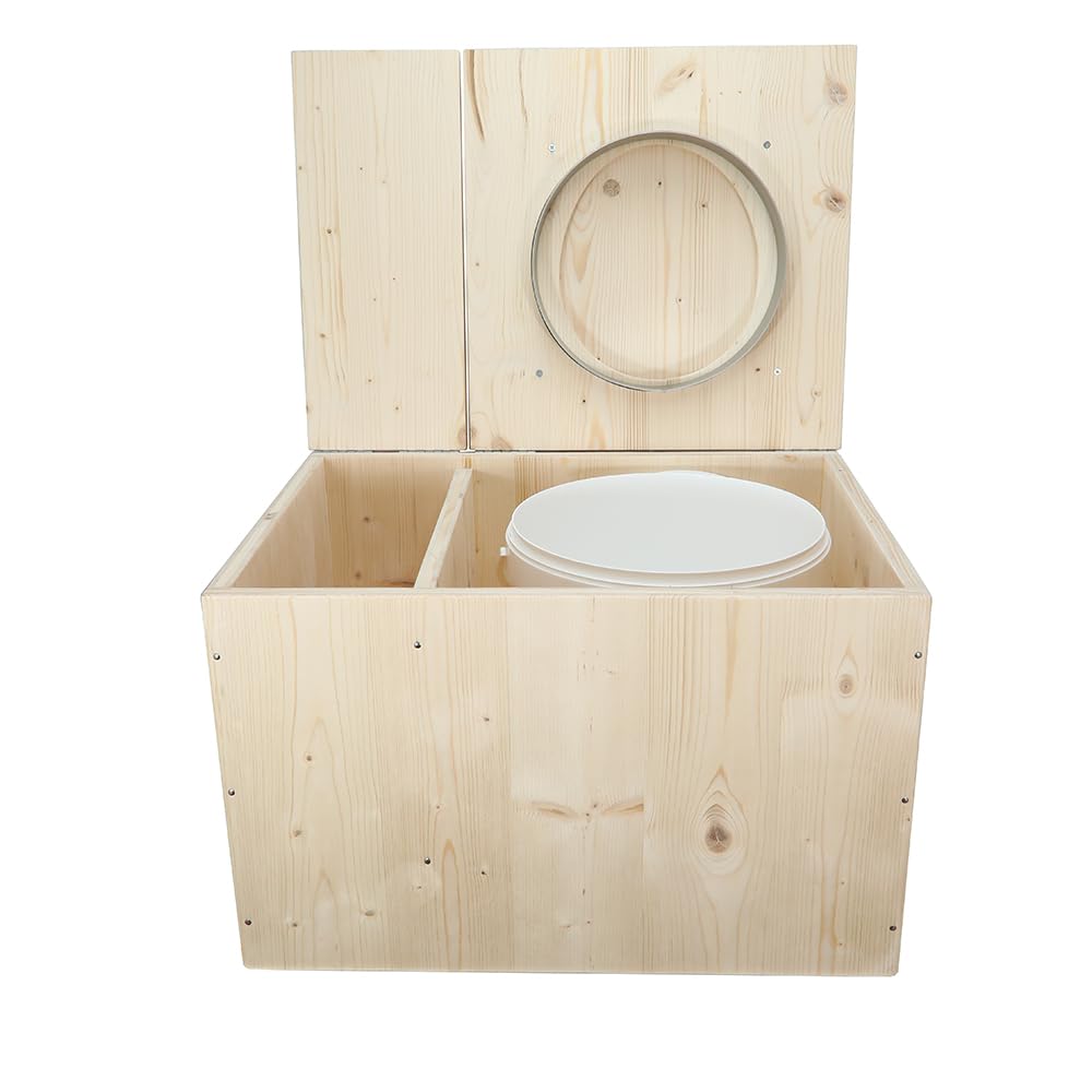 Toilette sèche avec bac à copeaux de bois intégré, Livré monté avec seau 20L plastique alimentaire et bavette de protection inox - Fabrication artisanale Française - N2